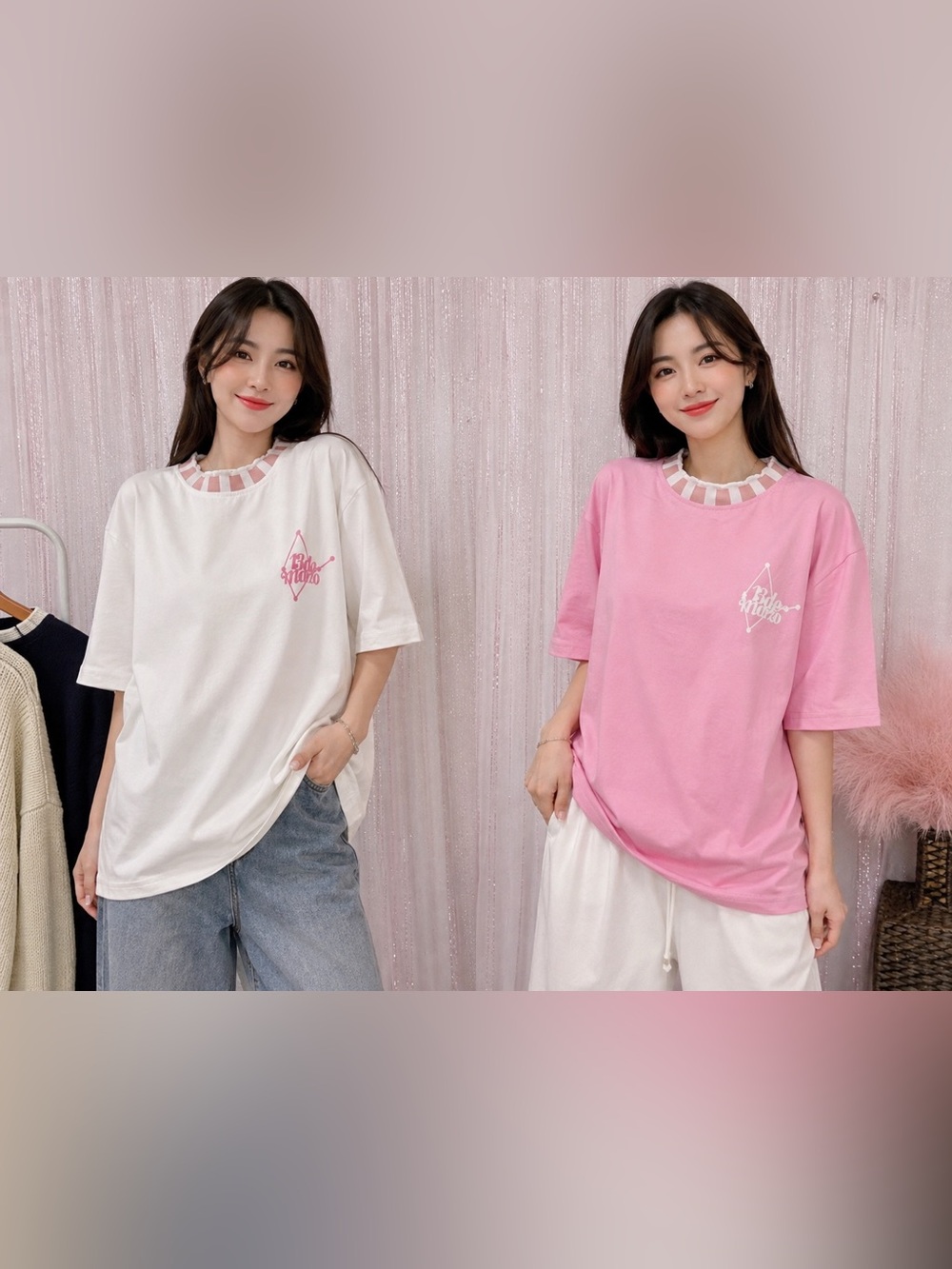 Casual Crewneck Women's Tee - White & Pink